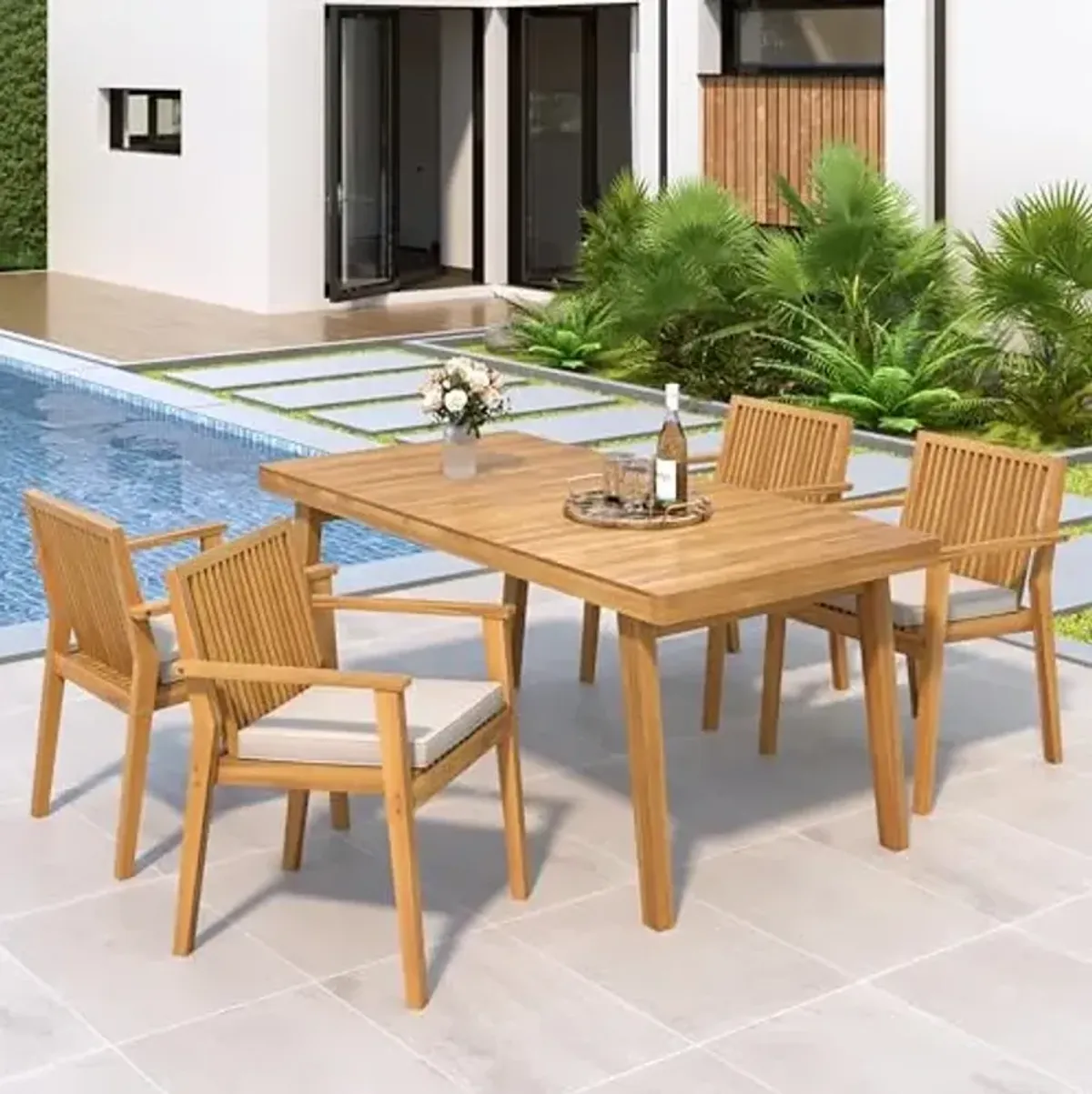 Christopher Knight Home Roxy Acacia Wood Patio Dining Set for 4, Acacia Wood Outdoor Dining Table Set for 4, 5 Piece Outdoor Dining Armchair Set with Rectangular Table and Cushion, Teak+Beige