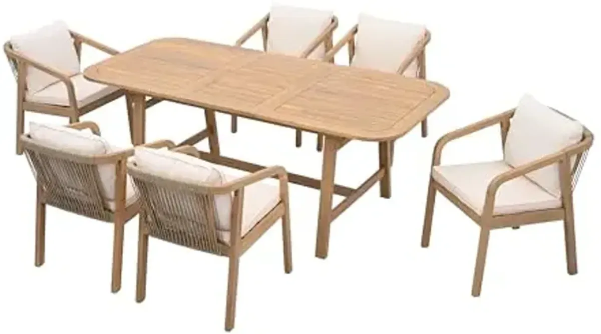 Christopher Knight Home Hawes Acacia Wood Patio Dining Set for 6 with Extendable Table, Wooden Outdoor Extendable Dining Table Set for 6, Patio Dining Armchair Set with Cushion, Light Teak+Cream