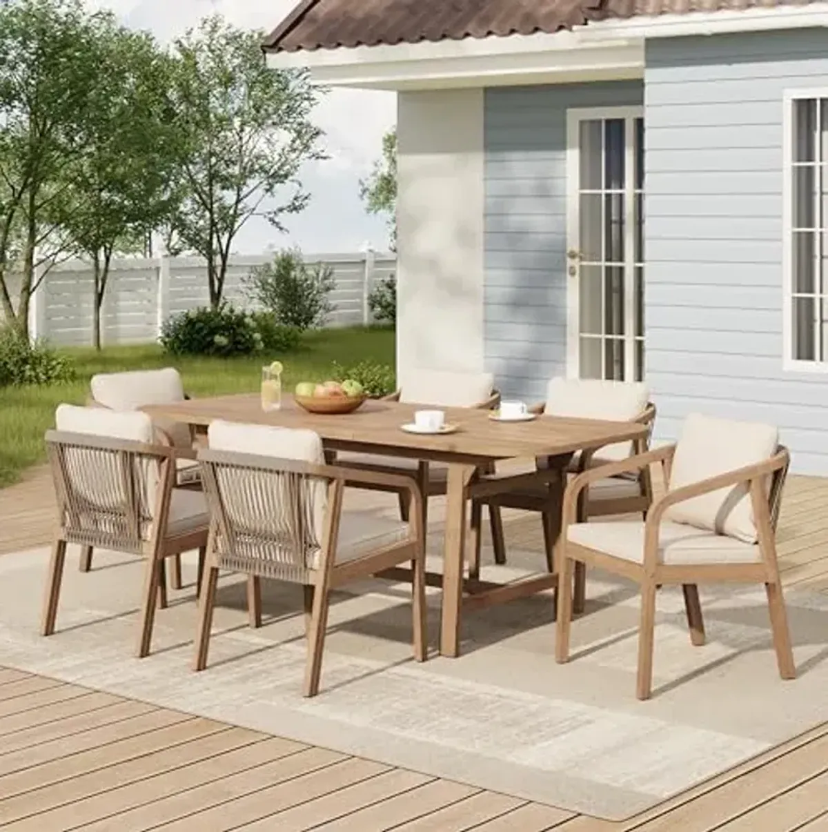 Christopher Knight Home Hawes Acacia Wood Patio Dining Set for 6 with Extendable Table, Wooden Outdoor Extendable Dining Table Set for 6, Patio Dining Armchair Set with Cushion, Light Teak+Cream