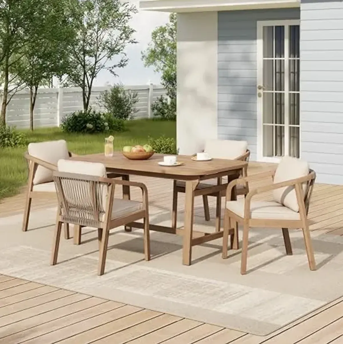 Christopher Knight Home Hawes Acacia Wood Patio Dining Set for 4 with Extendable Table, Wooden Outdoor Extendable Dining Table Set for 4, Patio Dining Armchair Set with Cushion, Light Teak+Cream
