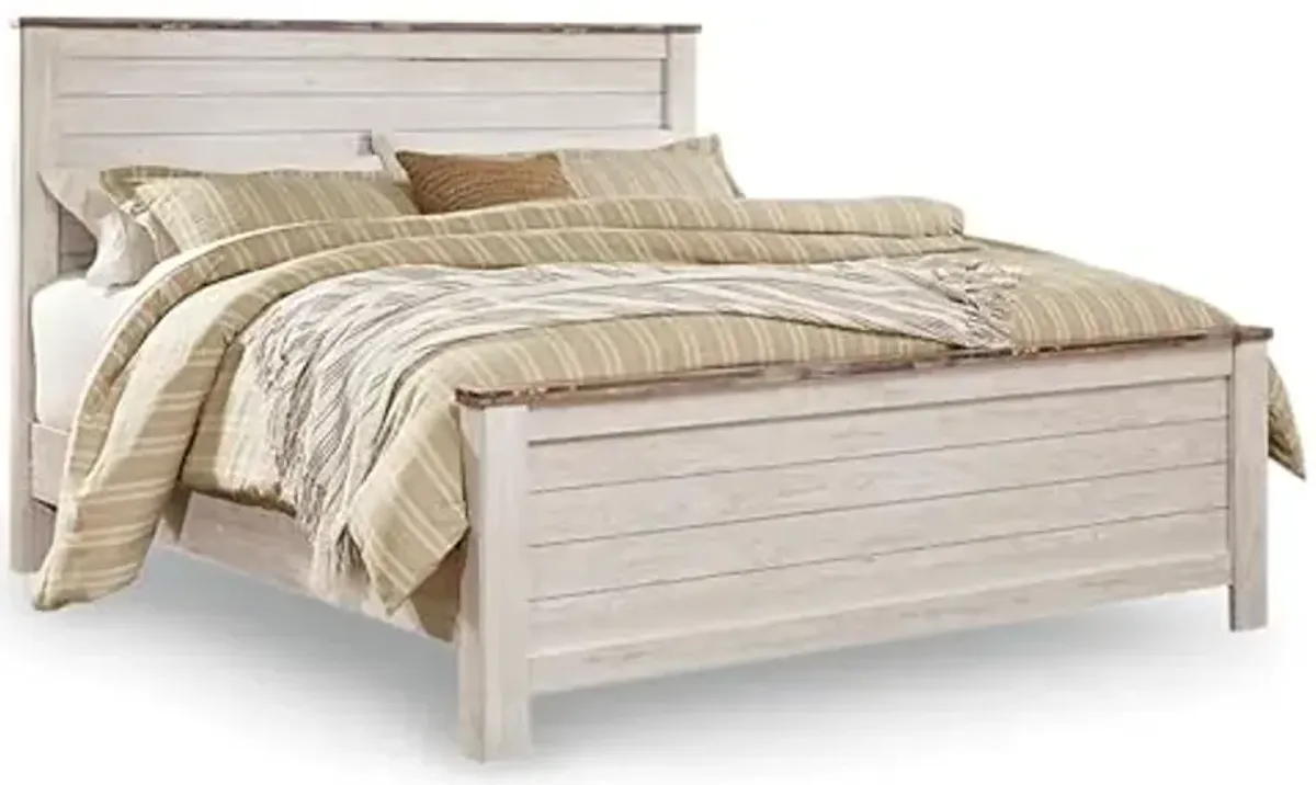 Signature Design by Ashley Willowton Casual California King Panel Bed with Metal Slats, Foundation or Box Spring Needed, Whitewash
