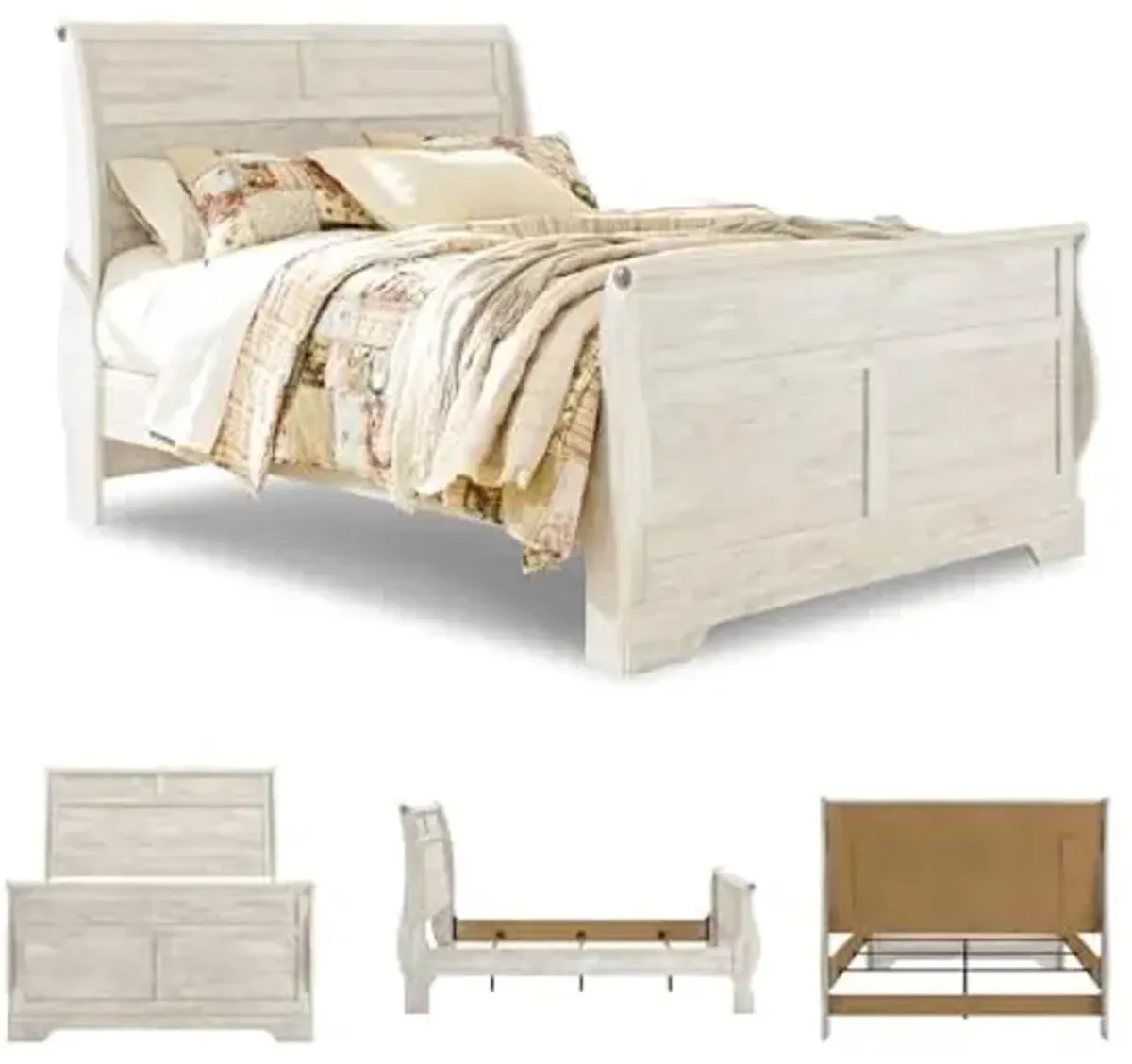 Signature Design by Ashley Willowton Shabby Chic Queen Sleigh Bed with Metal Slats, Foundation or Box Spring Needed, Whitewash