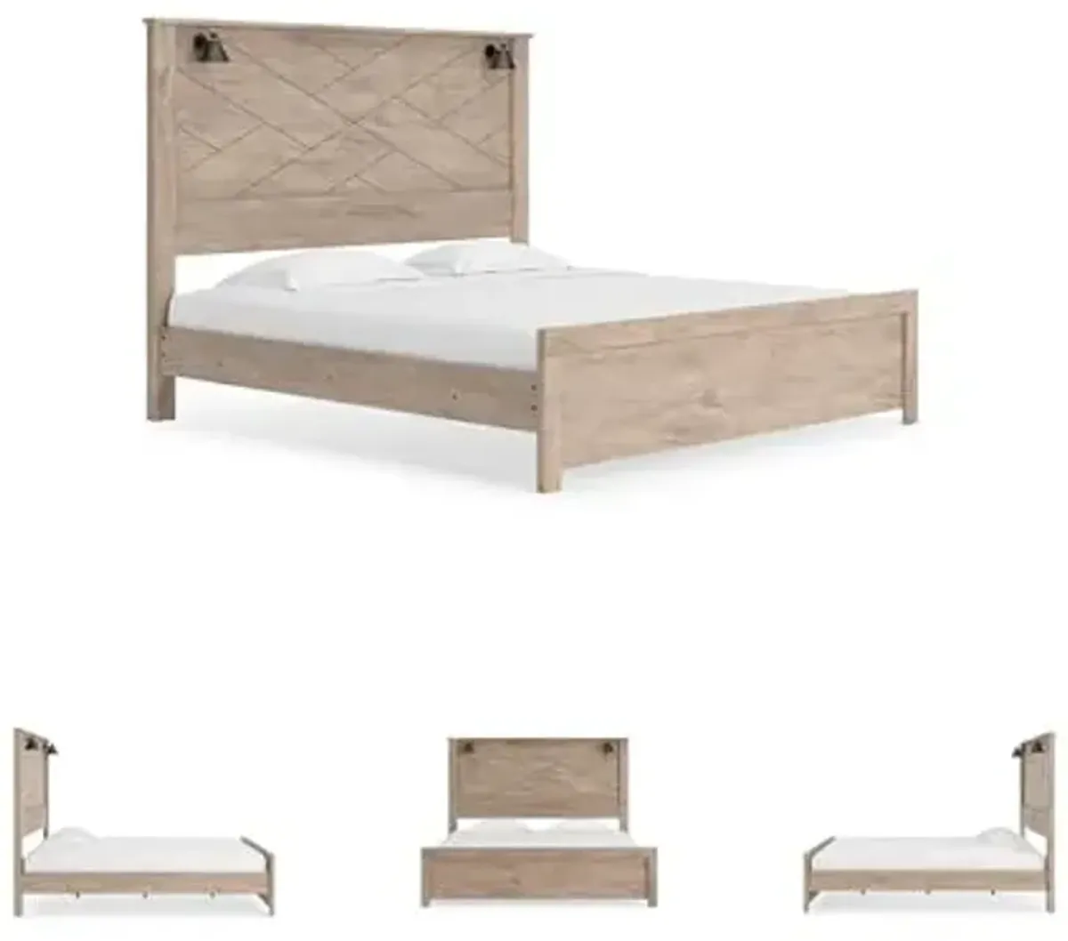Signature Design by Ashley Senniberg Rustic King Panel Bed with Metal Slats and Sconce Lights, Foundation or Box Spring Needed, Light Brown