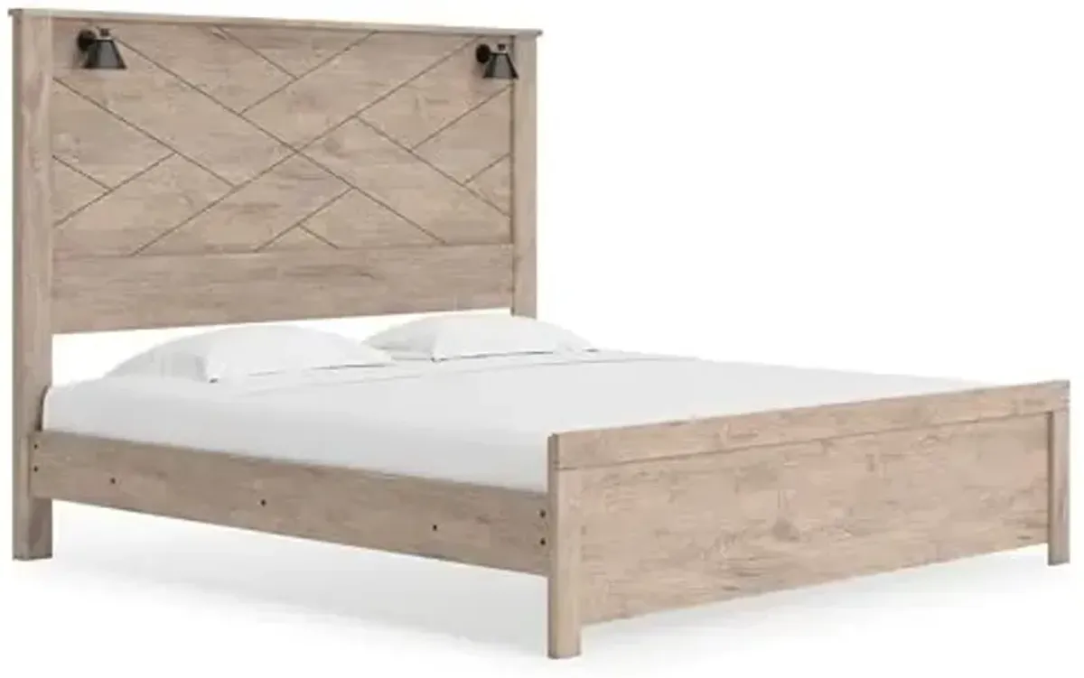 Signature Design by Ashley Senniberg Rustic King Panel Bed with Metal Slats and Sconce Lights, Foundation or Box Spring Needed, Light Brown