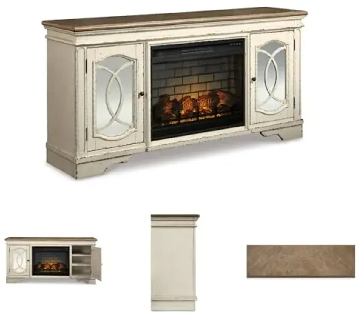 Signature Design by Ashley Realyn Vintage Casual TV Stand with Electric Fireplace, Heats Larger Rooms, Bronze Hardware, Wood, 74" Wide, White & Brown