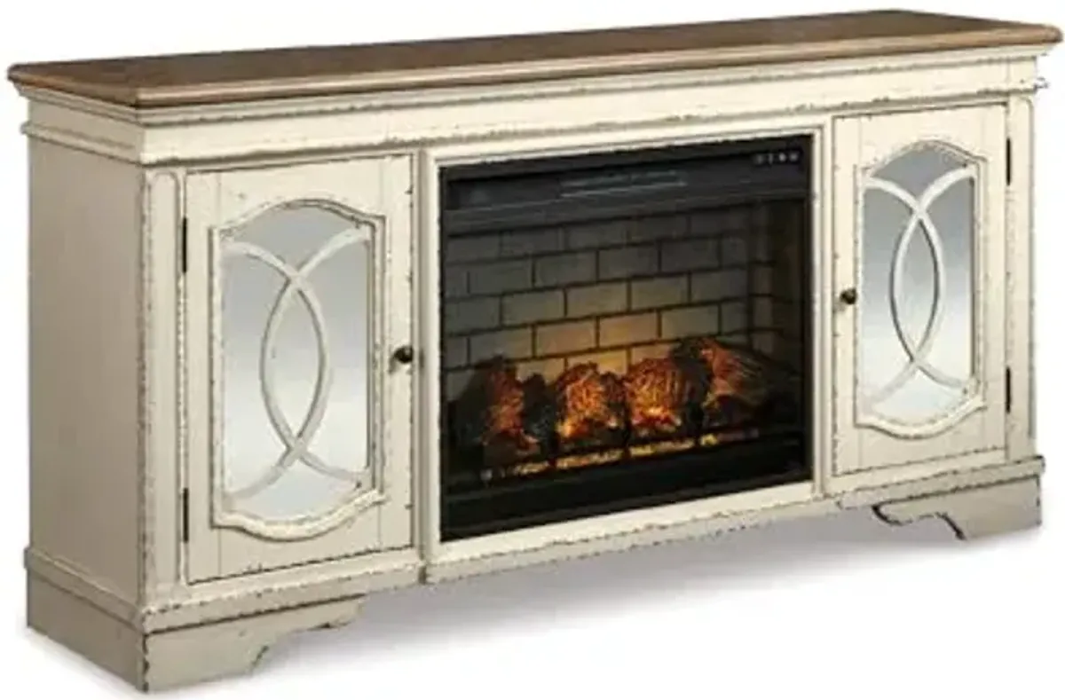 Signature Design by Ashley Realyn Vintage Casual TV Stand with Electric Fireplace, Heats Larger Rooms, Bronze Hardware, Wood, 74" Wide, White & Brown
