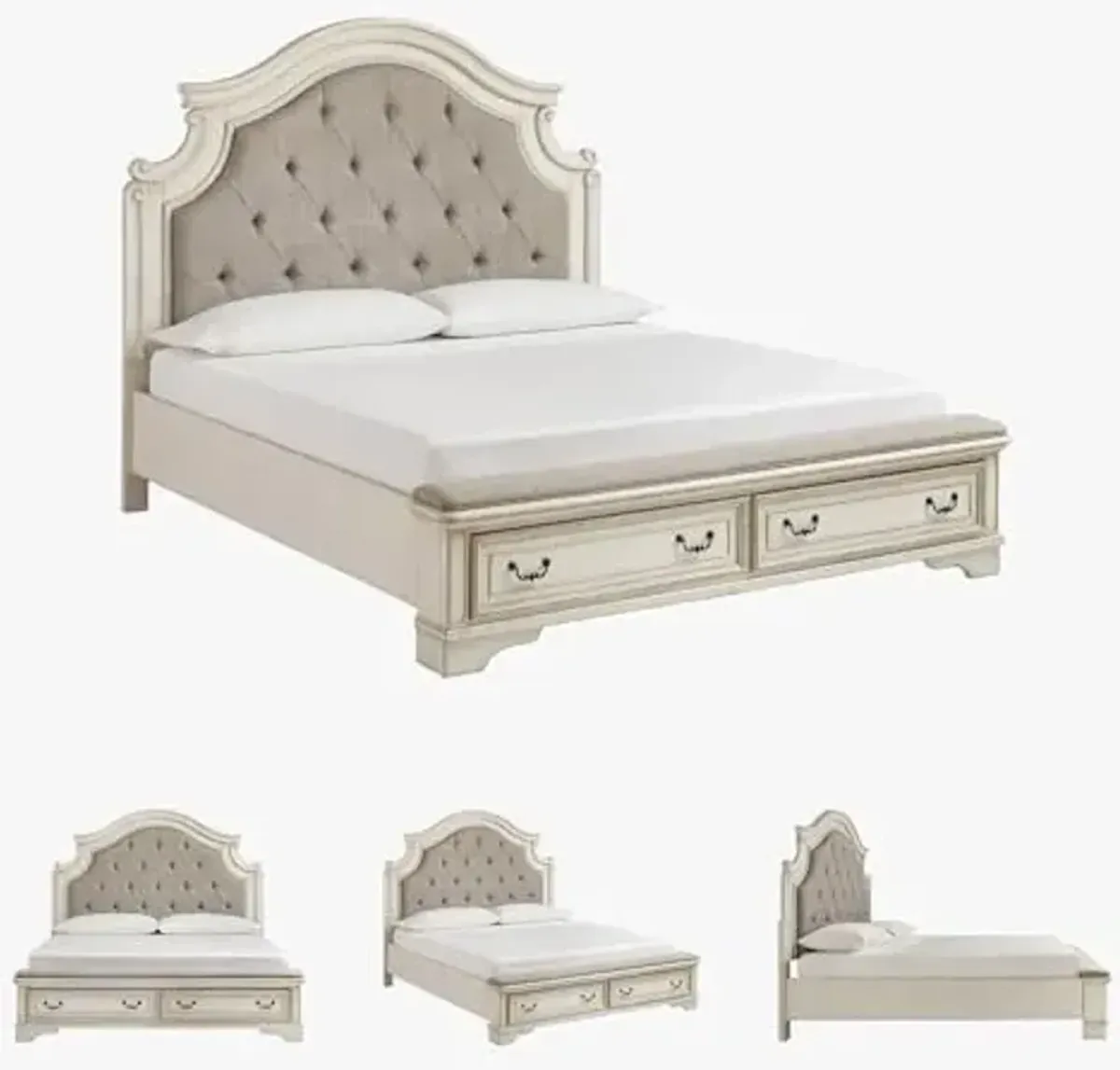 Signature Design by Ashley Realyn Traditional King Upholstered Storage Platform Bed with 2 Drawers, Foundation or Box Spring Not Needed, White & Gray