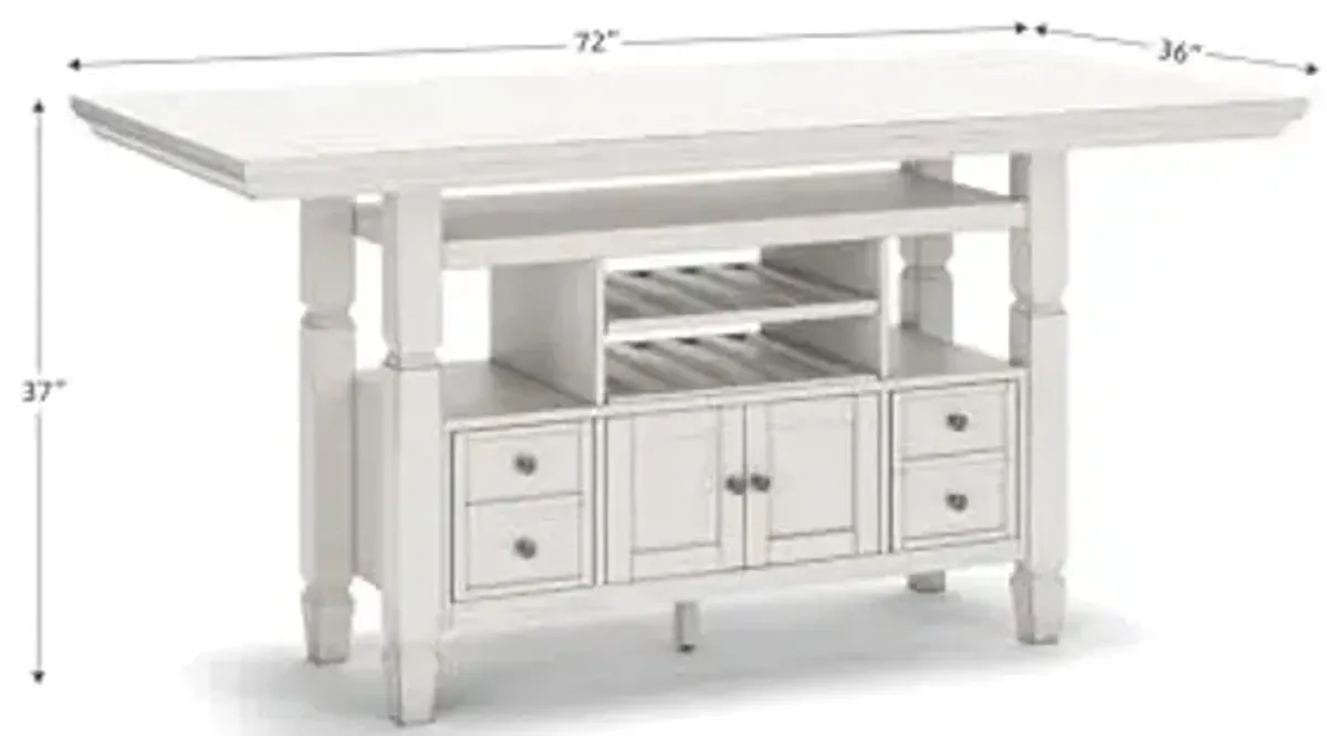 Signature Design by Ashley Robbinsdale Casual Counter Height Dining Table with 10 Bottle Wine Storage, Open Shelves, Drawers and Cabinet, Antiqued White Finish, 36" W x 72" L x 37" H