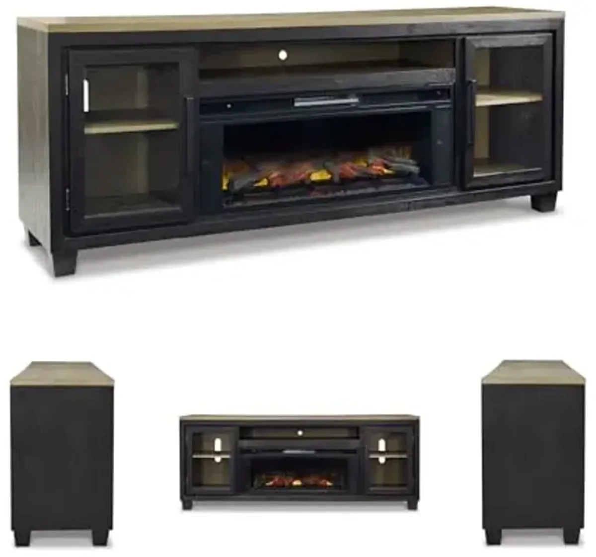 Signature Design by Ashley Foyland Contemporary 83" TV Stand with Electric Fireplace for TVs up to 95", Black & Light Brown