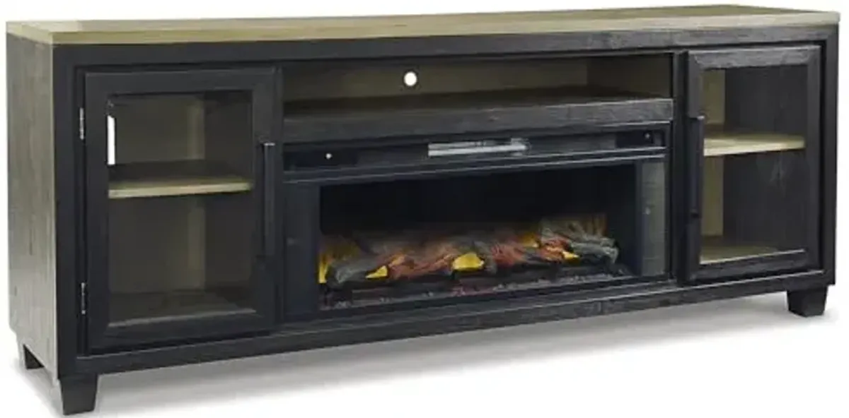 Signature Design by Ashley Foyland Contemporary 83" TV Stand with Electric Fireplace for TVs up to 95", Black & Light Brown