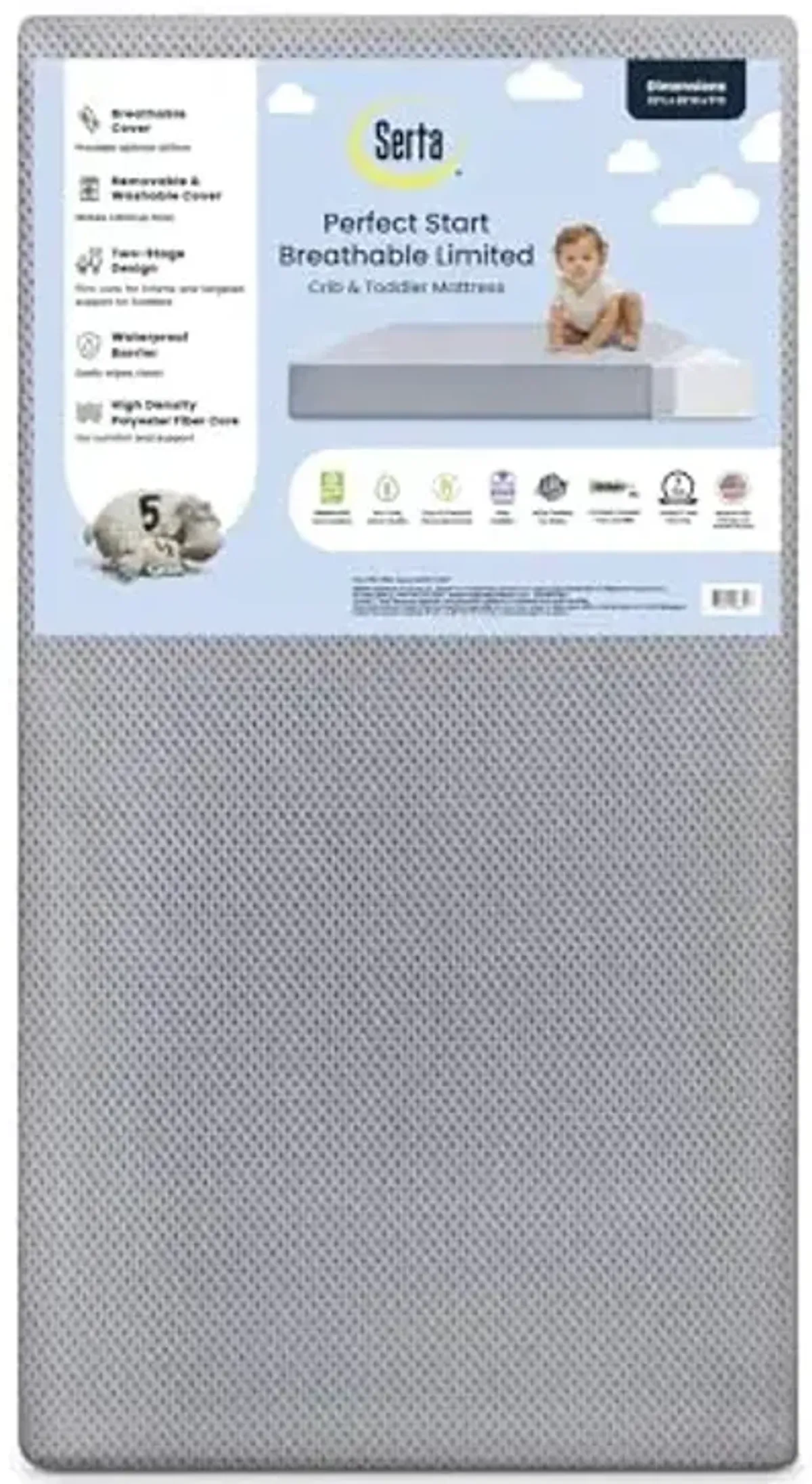Serta Perfect Start Breathable Limited Two -Stage Crib Mattress and Toddler Mattress - Breathable Cover and Fiber Core, Machine Washable Cover, Waterproof, 7 Year Warranty, Made in USA