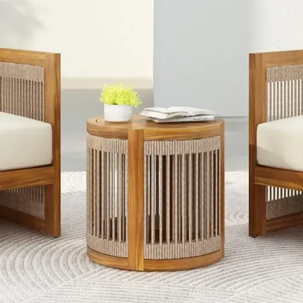 Christopher Knight Home Viktor Acacia Wood Outdoor Side Table, Patio Round Coffee Table with Woven Rope Accents, Table for Patio Furniture Set, Elegant Slatted Design, Weather-Resistant, Teak