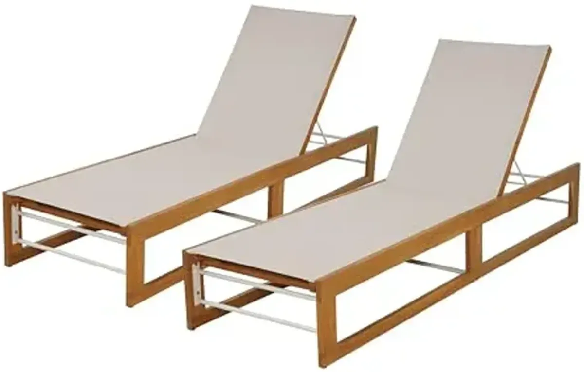 Christopher Knight Home Tristz Patio Chaise Lounge Chair Outdoor Set of 2, Acacia Wood Sunbathing Pool Lounger with Breathable Mesh Seat, Adjustable Backrest Reclining Chair, Teak+ Beige