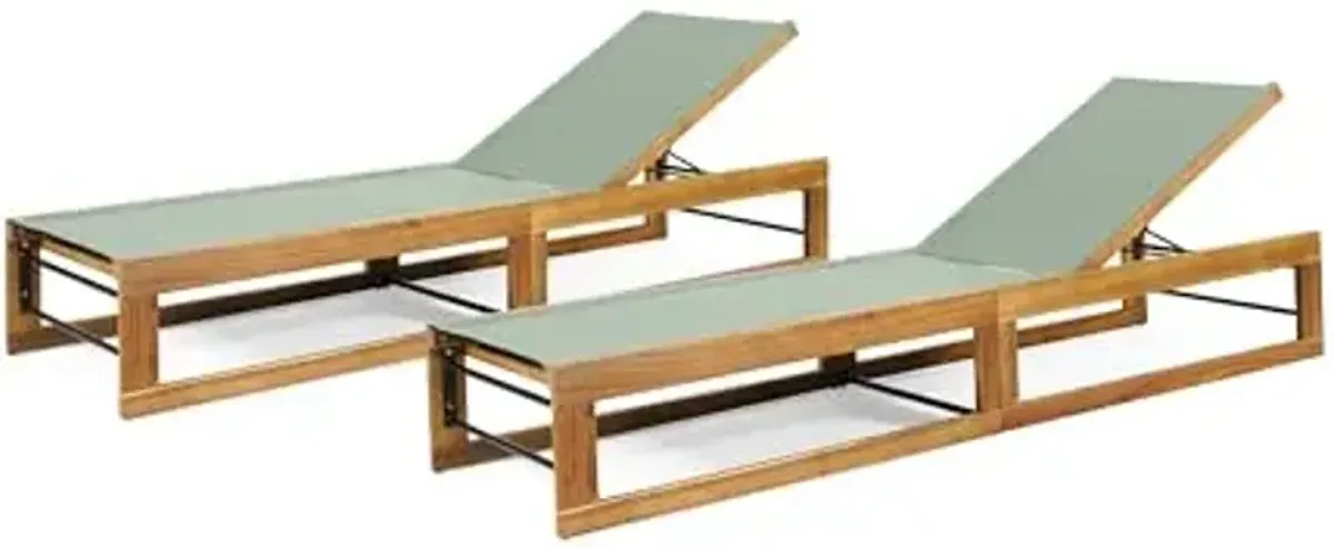 Christopher Knight Home Tristz Patio Chaise Lounge Chair Outdoor Set of 2, Acacia Wood Sunbathing Pool Lounger with Breathable Mesh Seat, Adjustable Backrest Reclining Chair, Teak+Mint Green