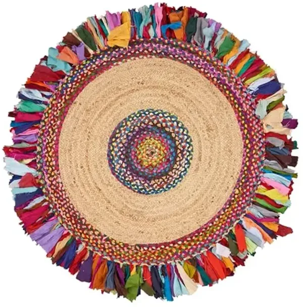 LR Home Natural Jute 4ft Round Area Rug for Home Decor | Braided Rugs for Living Room, Bedroom, Playroom | Bohemian Farmhouse Fringed Indoor Rug for Room Decor | Chindi/Natural