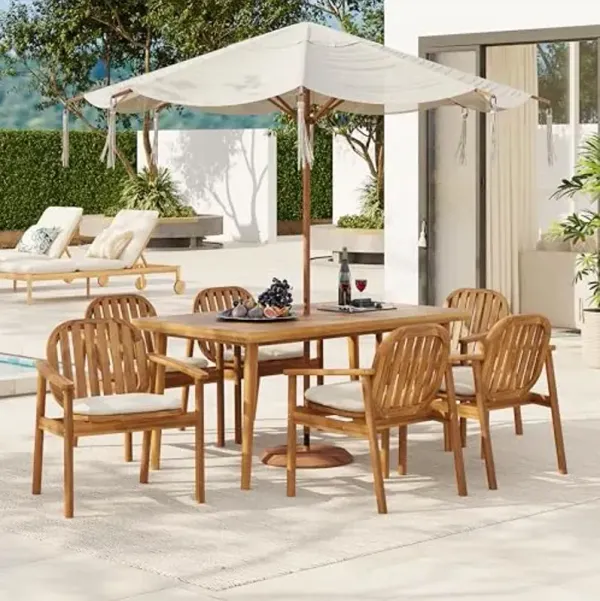 Christopher Knight Home Meja Acacia Wood Outdoor Dining Set for 6, Wooden 7 Piece Patio Dining Table Set, Wooden Outdoor Dining Armchair and Table Set with Cushion, Patio Furniture Set, Teak+Beige