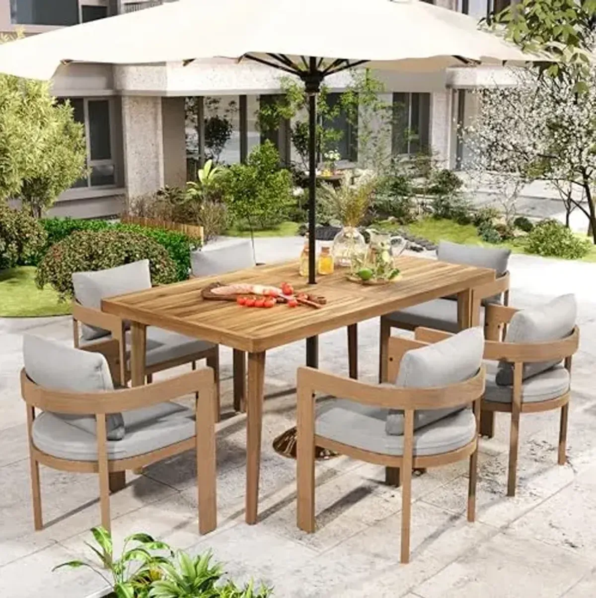 Christopher Knight Home Elko Acacia Wood Outdoor Dining Set for 6, Wooden 7 Piece Patio Dining Table Set, Outdoor Metal Dining Chair and Table Set with Cushion, Patio Furniture Set, Teak+Light Gray