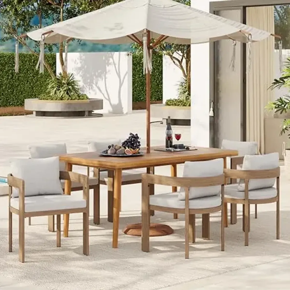 Christopher Knight Home Elko Acacia Wood Outdoor Dining Set for 6, Wooden 7 Piece Patio Dining Table Set, Outdoor Metal Dining Chair and Table Set with Cushion, Patio Furniture Set, Teak+Light Gray