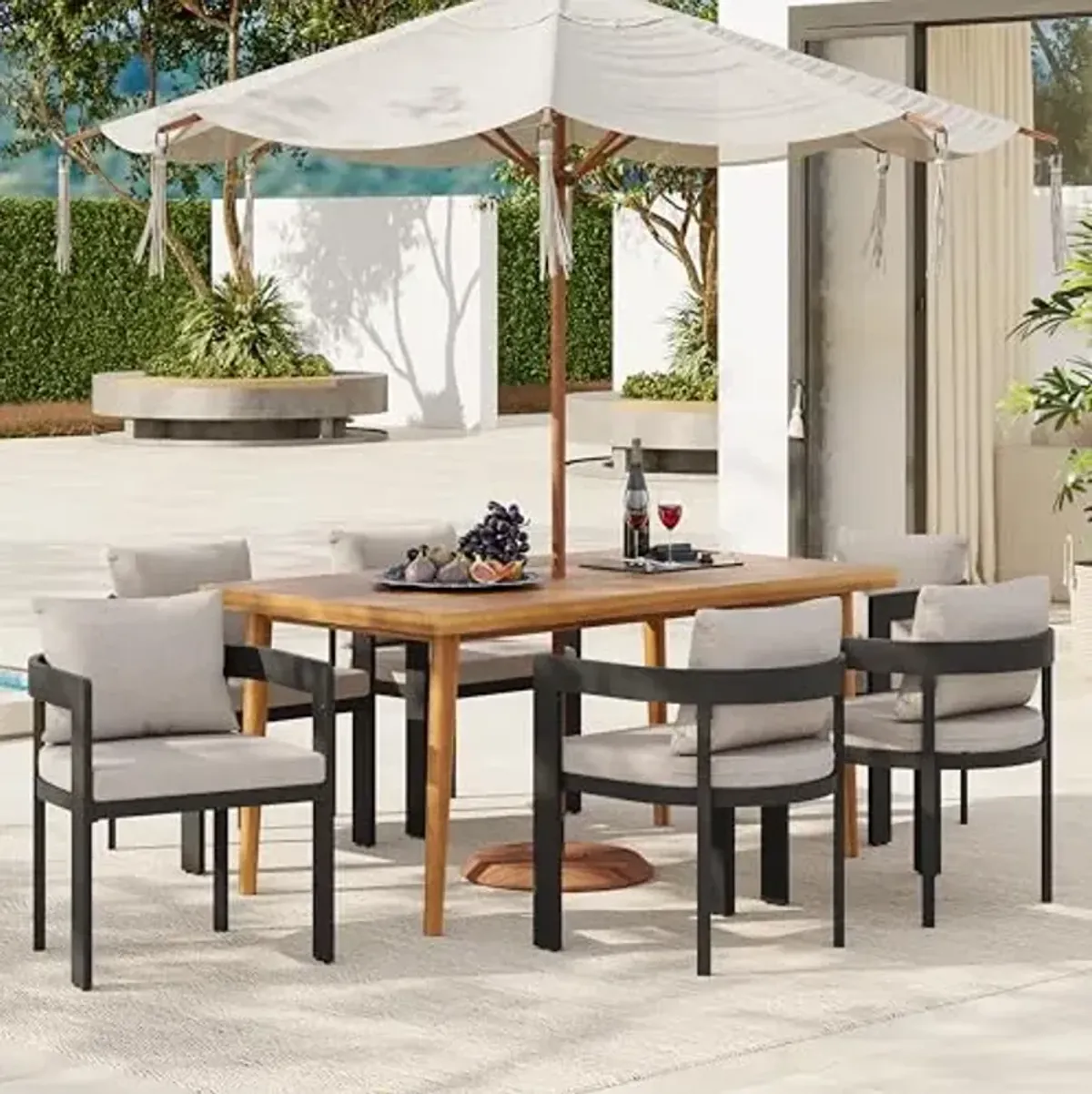 Christopher Knight Home Elko Acacia Wood Outdoor Dining Set for 6, Wooden 7 Piece Patio Dining Table Set, Outdoor Metal Dining Chair and Table Set with Cushion, Patio Furniture Set, Teak+Dark Gray