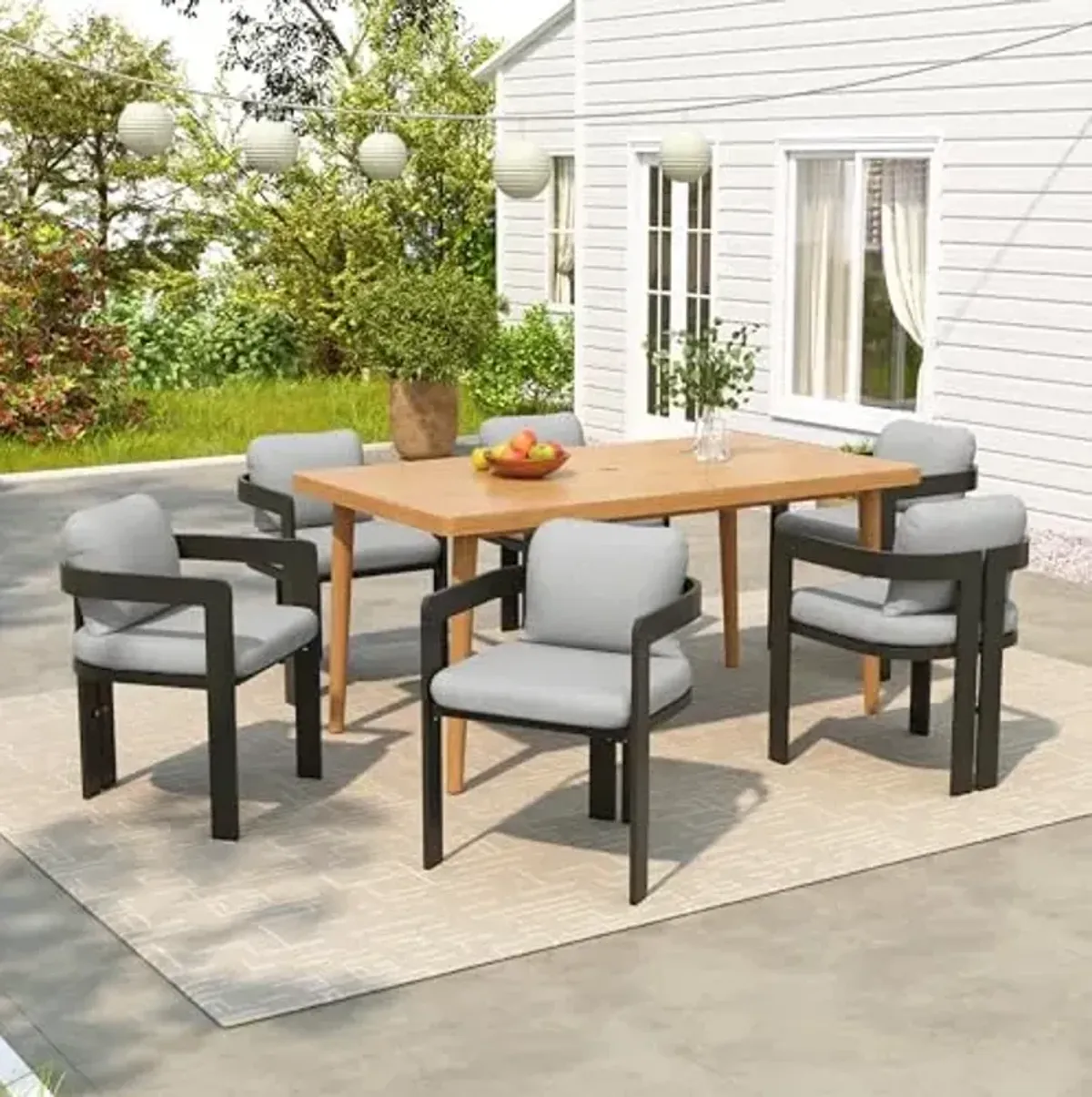Christopher Knight Home Pula Acacia Wood Outdoor Dining Set for 6, Wooden 7 Piece Patio Dining Table Set, Outdoor Metal Dining Chair and Table Set with Cushion, Patio Furniture Set, Teak+Black+Grey