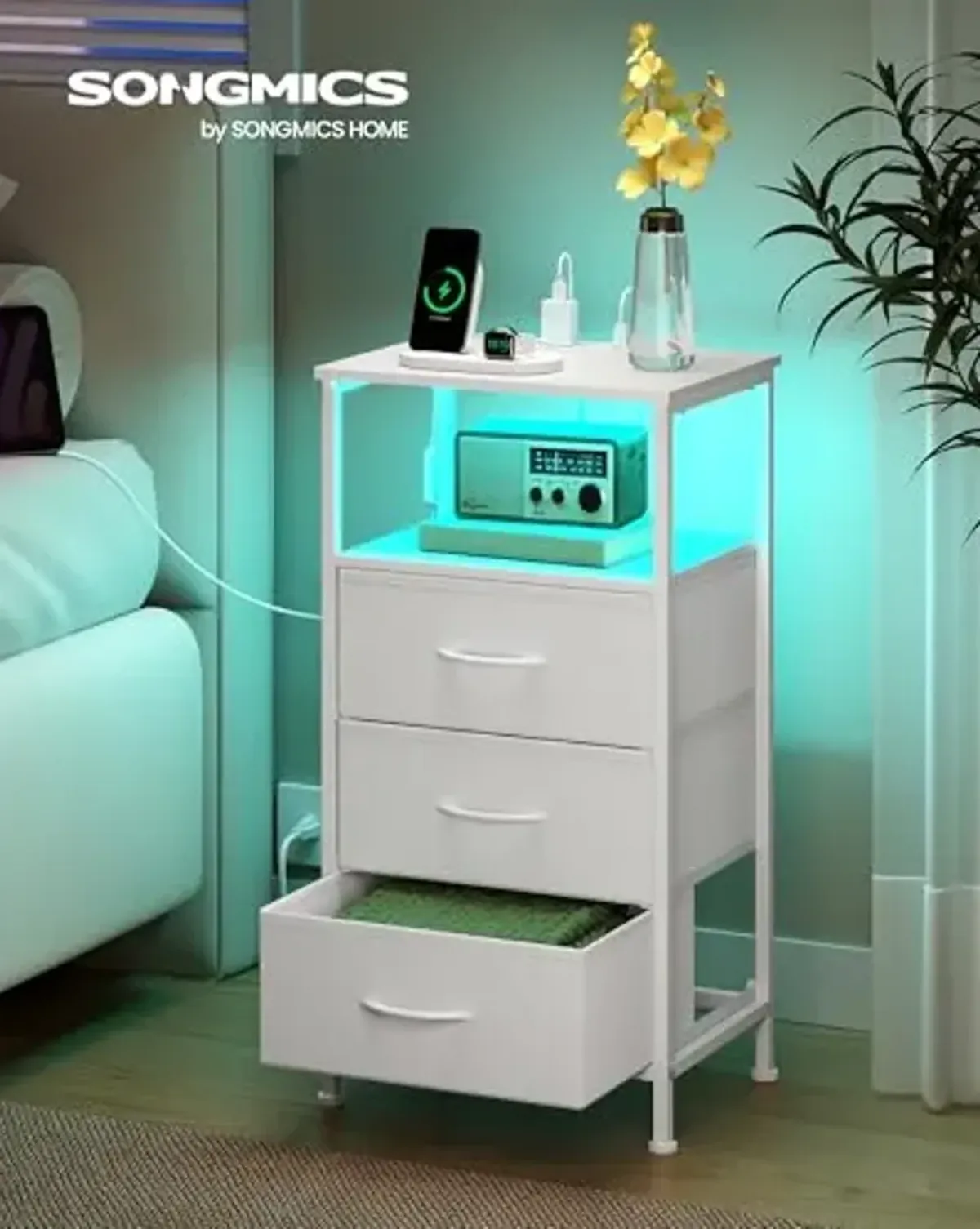 SONGMICS BELLAH Collection - Nightstand with Charging Station and App-Controlled Adjustable LED Lights, Bed Side Table, 3 Drawer and 1 Open Shelf, Bedroom, Cloud White and Snow White ULGS303WH01S