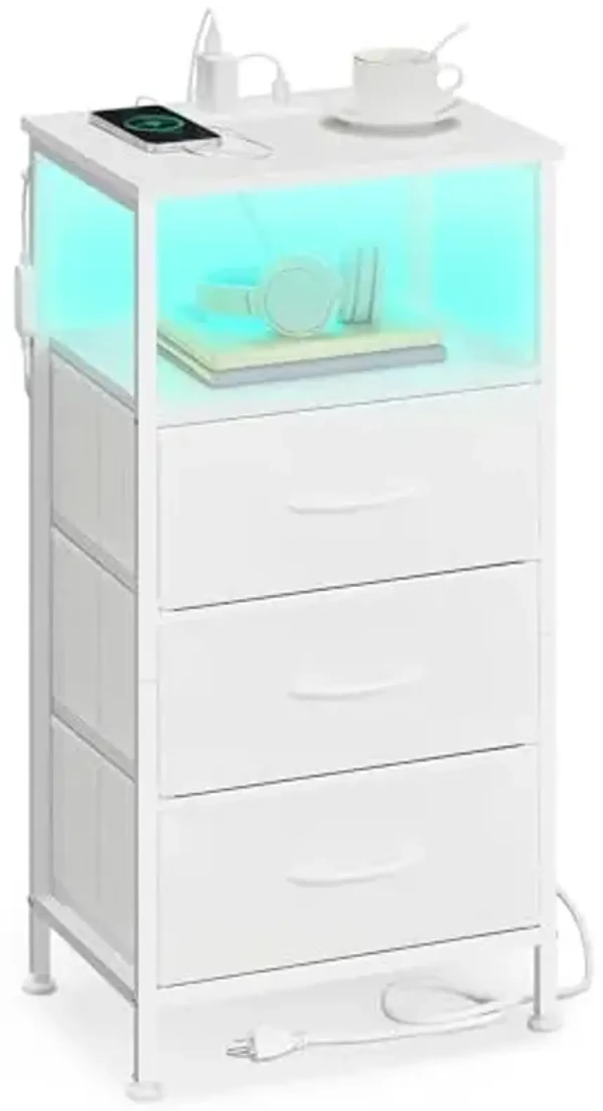 SONGMICS BELLAH Collection - Nightstand with Charging Station and App-Controlled Adjustable LED Lights, Bed Side Table, 3 Drawer and 1 Open Shelf, Bedroom, Cloud White and Snow White ULGS303WH01S