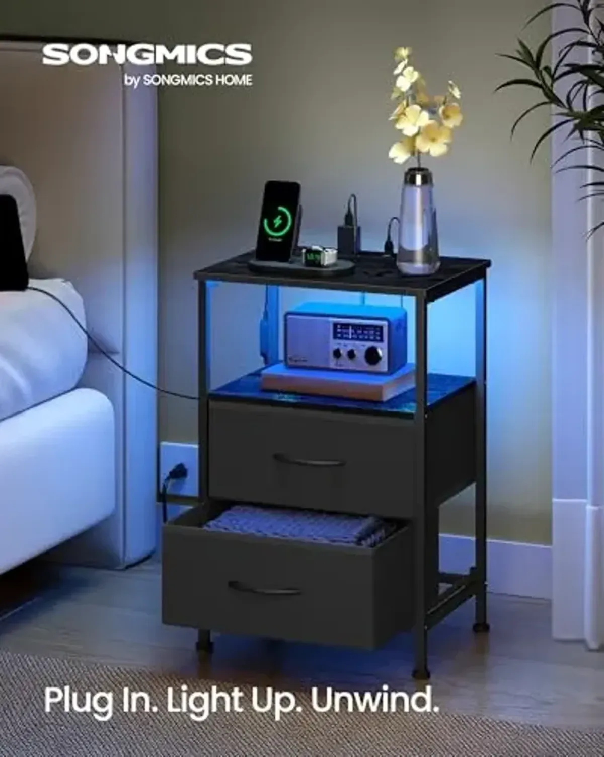 SONGMICS BELLAH Collection - Nightstand with Charging Station and App-Controlled Adjustable LED Lights, Bed Side Table, 2 Drawer and 1 Open Shelf, Bedroom, Ink Black and Ebony Black ULGS302BH01S