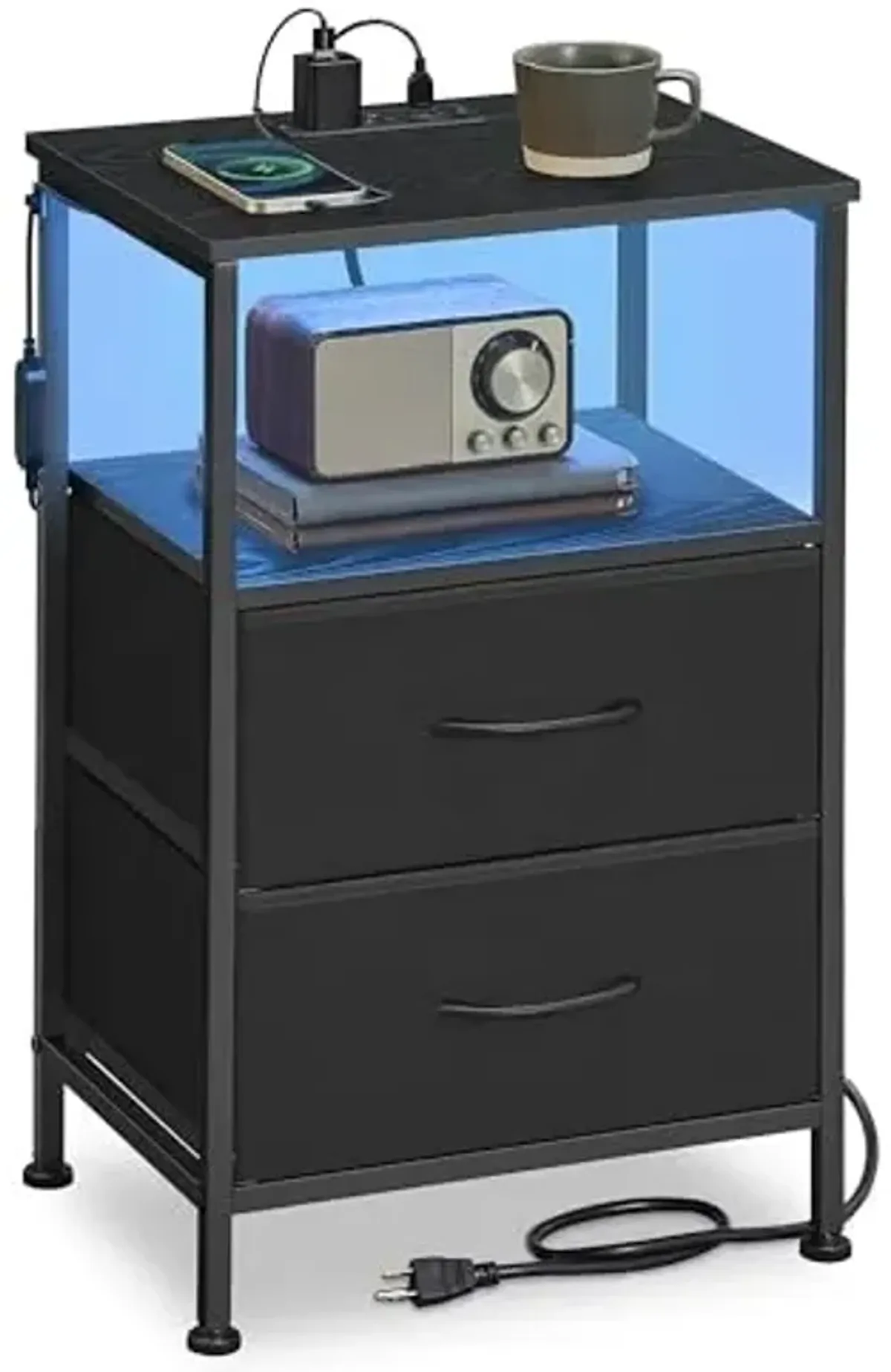 SONGMICS BELLAH Collection - Nightstand with Charging Station and App-Controlled Adjustable LED Lights, Bed Side Table, 2 Drawer and 1 Open Shelf, Bedroom, Ink Black and Ebony Black ULGS302BH01S