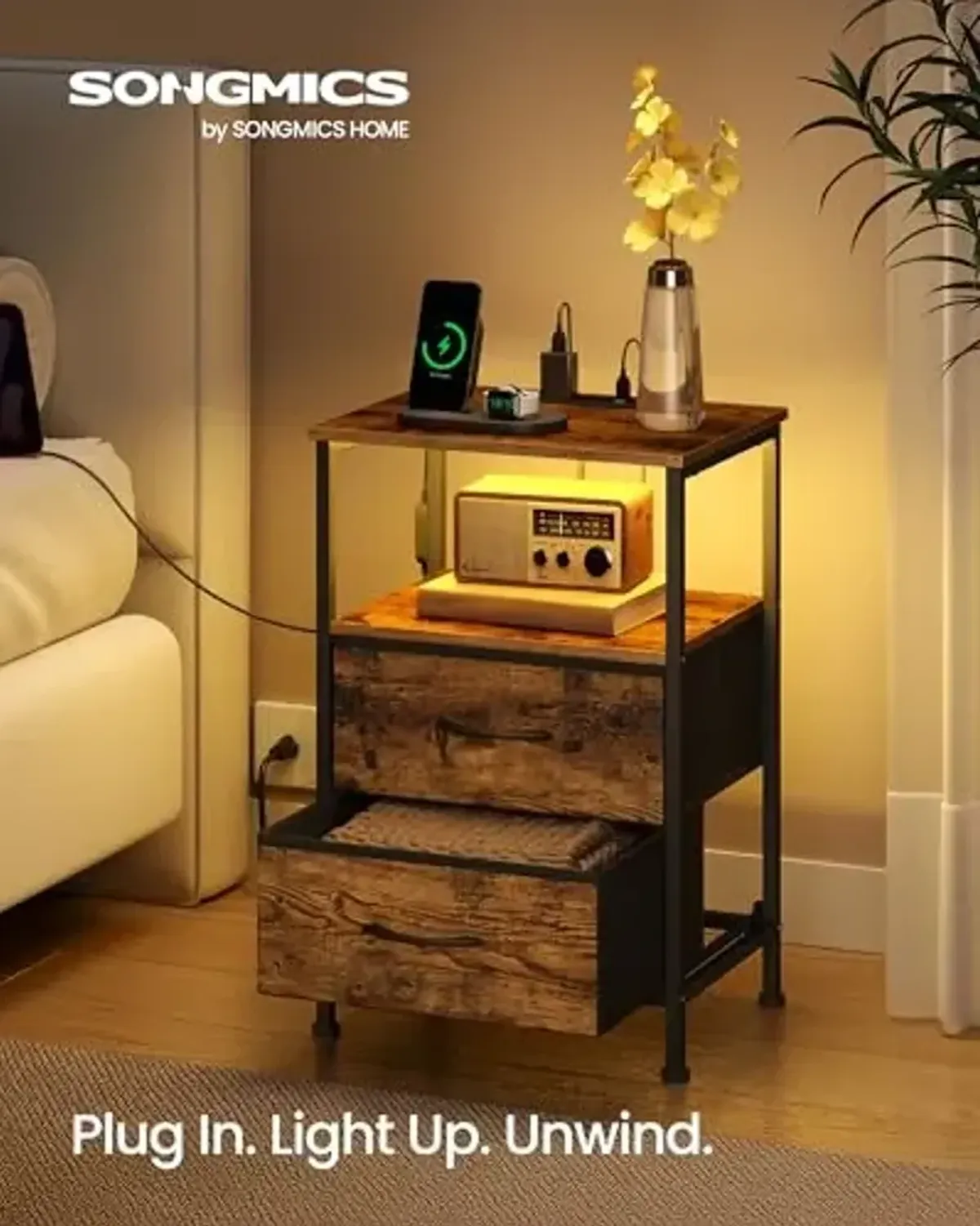 SONGMICS BELLAH Collection - Nightstand with Charging Station and App-Controlled Adjustable LED Lights, Bed Side Table, 2 Drawers and 1 Open Shelf, Bedroom, Rustic Brown and Ink Black ULGS302KD01S