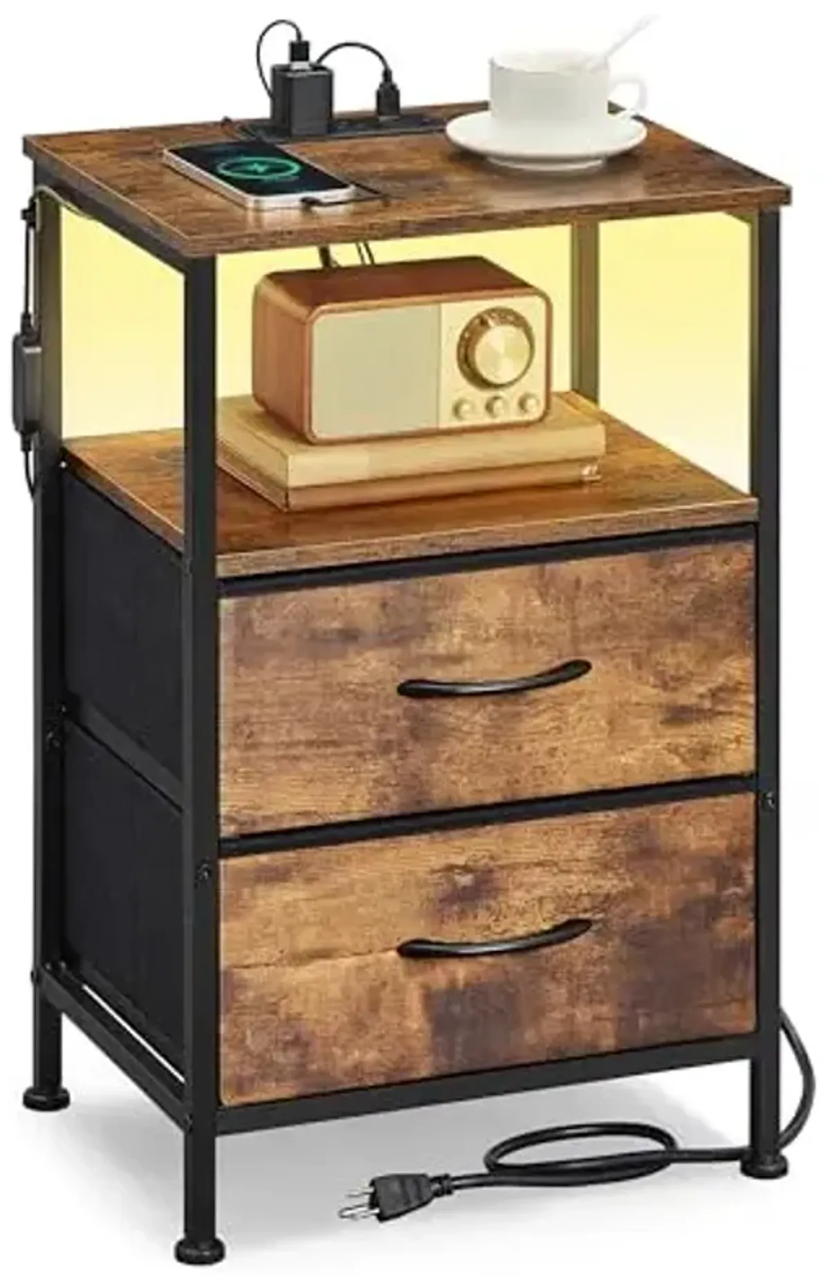 SONGMICS BELLAH Collection - Nightstand with Charging Station and App-Controlled Adjustable LED Lights, Bed Side Table, 2 Drawers and 1 Open Shelf, Bedroom, Rustic Brown and Ink Black ULGS302KD01S