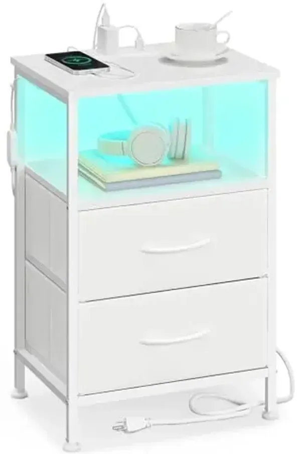 SONGMICS BELLAH Collection - Nightstand with Charging Station and App-Controlled Adjustable LED Lights, Bed Side Table, 2 Drawer and 1 Open Shelf, Bedroom, Cloud White and Snow White ULGS302WH01S