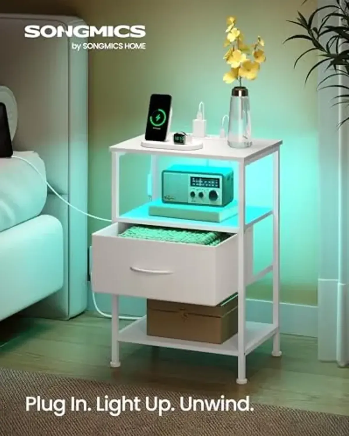 SONGMICS BELLAH Collection - Nightstand with Charging Station and App-Controlled Adjustable LED Lights, Bed Side Table, 1 Drawer and 2 Open Shelves, Bedroom, Cloud White and Snow White ULGS301WH01S