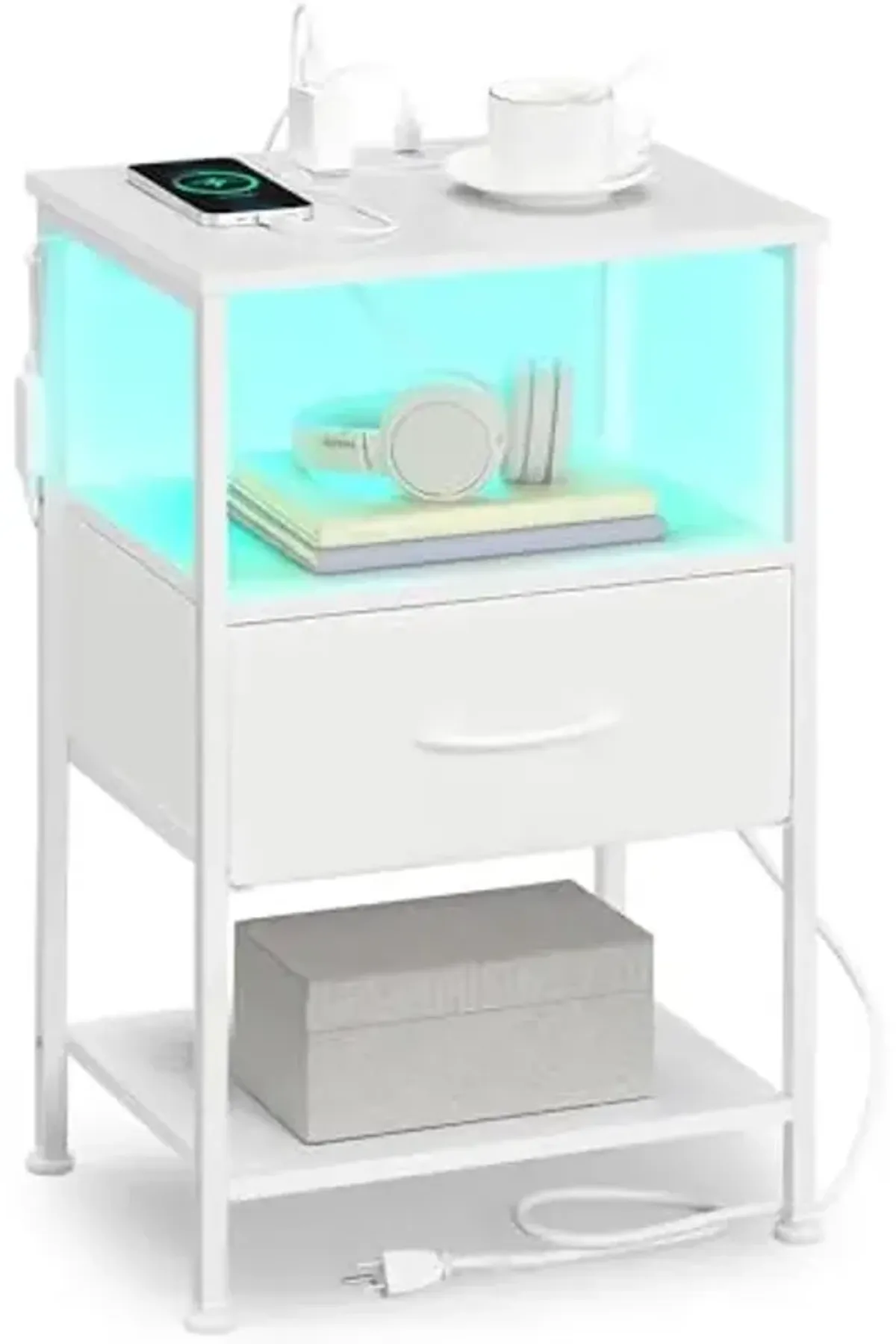SONGMICS BELLAH Collection - Nightstand with Charging Station and App-Controlled Adjustable LED Lights, Bed Side Table, 1 Drawer and 2 Open Shelves, Bedroom, Cloud White and Snow White ULGS301WH01S