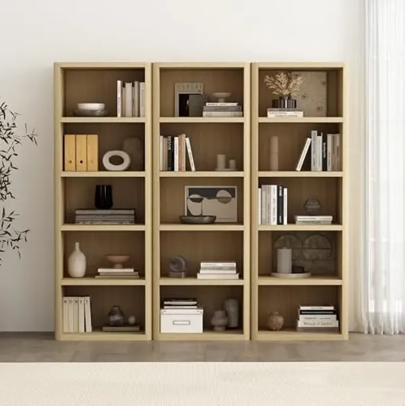 Manhattan Comfort Rivington 5-Tier Bookshelf, 79" Tall Bookcase with Adjustable Shelves, Open Bookshelves, Display Storage Cabinet for Living Room, Library or Home Office, Set of 3 in Natural Oak