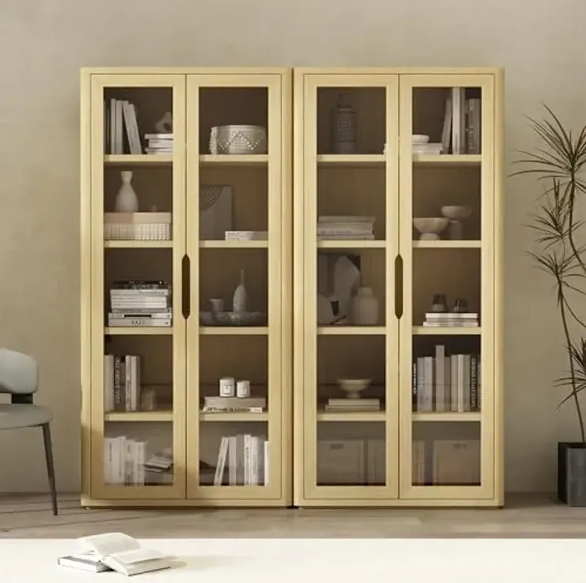 Manhattan Comfort Rivington 5-Shelf Bookshelf with Soft Close Glass Door, 79" Tall Bookcase Handle-Free, Adjustable Shelves, Storage Cabinet for Living Room, Bedroom, or Office Set of 2 in Natural Oak