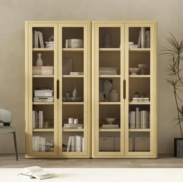 Manhattan Comfort Rivington 5-Shelf Bookshelf with Soft Close Glass Door, 79" Tall Bookcase Handle-Free, Adjustable Shelves, Storage Cabinet for Living Room, Bedroom, or Office Set of 2 in Natural Oak