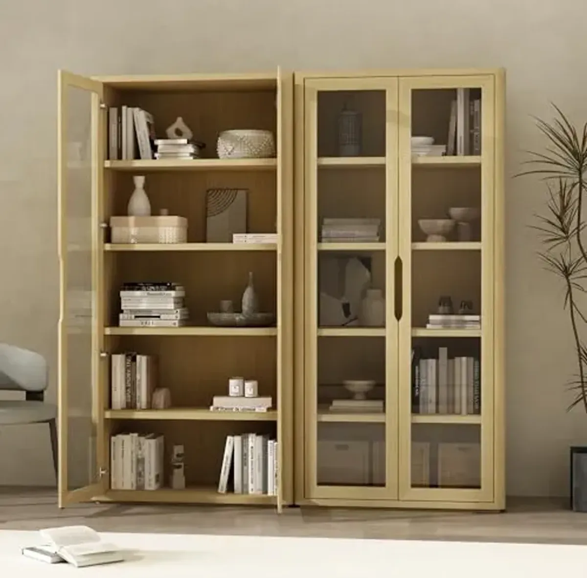 Manhattan Comfort Rivington 5-Shelf Bookshelf with Soft Close Glass Door, 79" Tall Bookcase Handle-Free, Adjustable Shelves, Storage Cabinet for Living Room, Bedroom, or Office Set of 2 in Natural Oak