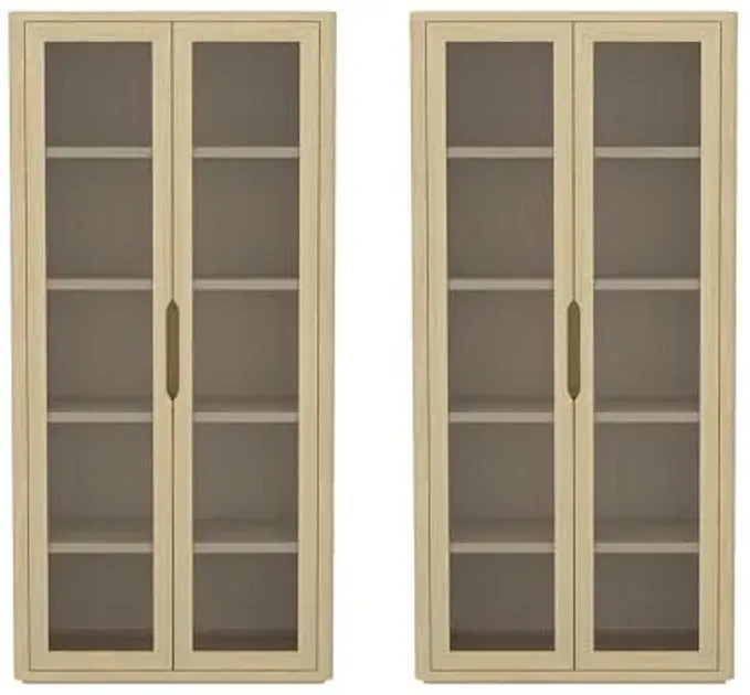 Manhattan Comfort Rivington 5-Shelf Bookshelf with Soft Close Glass Door, 79" Tall Bookcase Handle-Free, Adjustable Shelves, Storage Cabinet for Living Room, Bedroom, or Office Set of 2 in Natural Oak