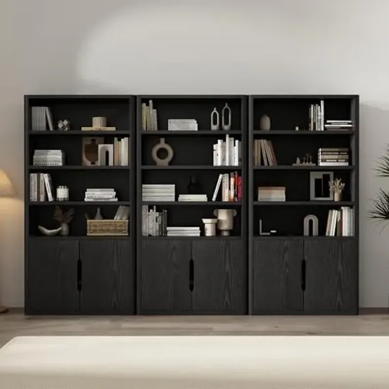Manhattan Comfort Rivington 79 in Tall Modern Bookshelf with Soft Close Doors, Four Open Shelves and Two Adjustable Shelves, Bookcase Storage Cabinet for Living Room or Office, Set of 3 in Black