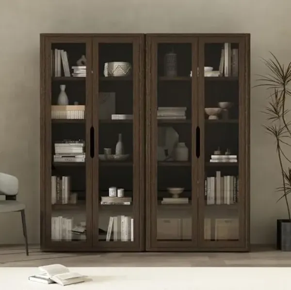 Manhattan Comfort Rivington 5-Shelf Bookshelf with Soft Close Glass Door, 79" Tall Bookcase Handle-Free, Adjustable Shelves, Storage Cabinet for Living Room, Bedroom, or Office Set of 2 in Walnut