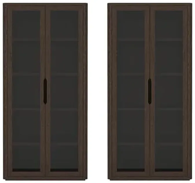 Manhattan Comfort Rivington 5-Shelf Bookshelf with Soft Close Glass Door, 79" Tall Bookcase Handle-Free, Adjustable Shelves, Storage Cabinet for Living Room, Bedroom, or Office Set of 2 in Walnut