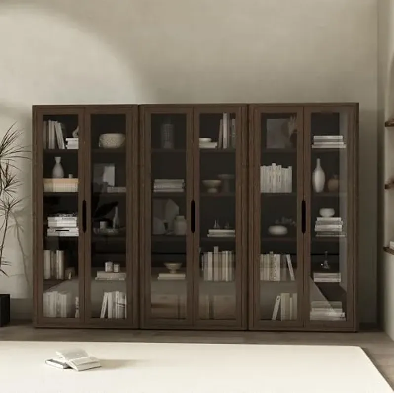 Manhattan Comfort Rivington 5-Shelf Bookcase 79" Tall Modern Bookshelf with Soft Close Glass Doors, Adjustable Shelves, Handle-Free, Storage Cabinet for Living Room, Bedroom, Office, Set of 3, Walnut