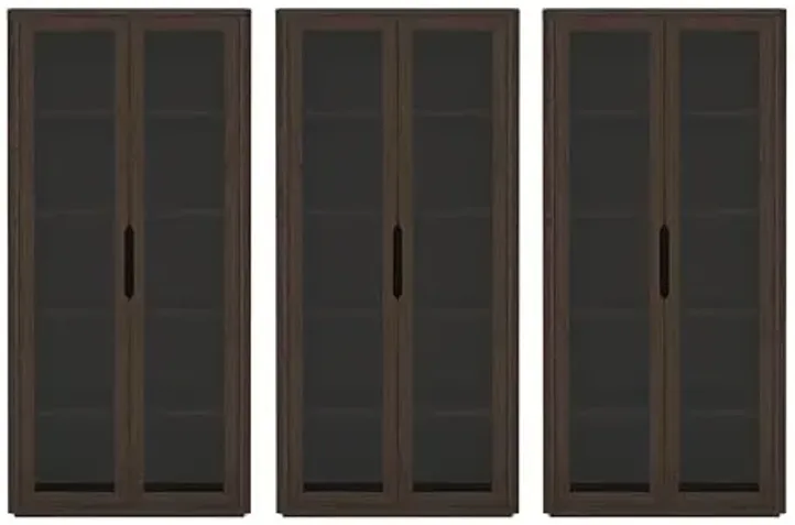 Manhattan Comfort Rivington 5-Shelf Bookcase 79" Tall Modern Bookshelf with Soft Close Glass Doors, Adjustable Shelves, Handle-Free, Storage Cabinet for Living Room, Bedroom, Office, Set of 3, Walnut