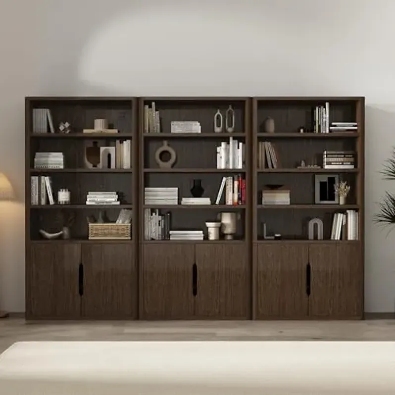 Manhattan Comfort Rivington 79" Inch Tall Modern Bookshelf with Soft Close Doors, Four Open Shelves and Two Adjustable Shelves, Bookcase Storage Cabinet for Living Room or Office, Set of 3 in Walnut