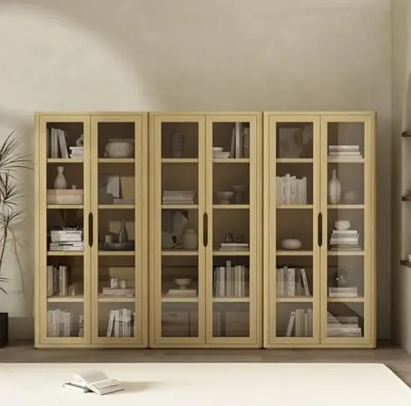 Manhattan Comfort Rivington 5-Shelf Bookcase 79" Tall Modern Bookshelf with Soft Close Glass Doors, Adjustable Fit, Handle-Free, Storage Cabinet for Living Room, Bedroom, Office, Set of 3, Natural Oak