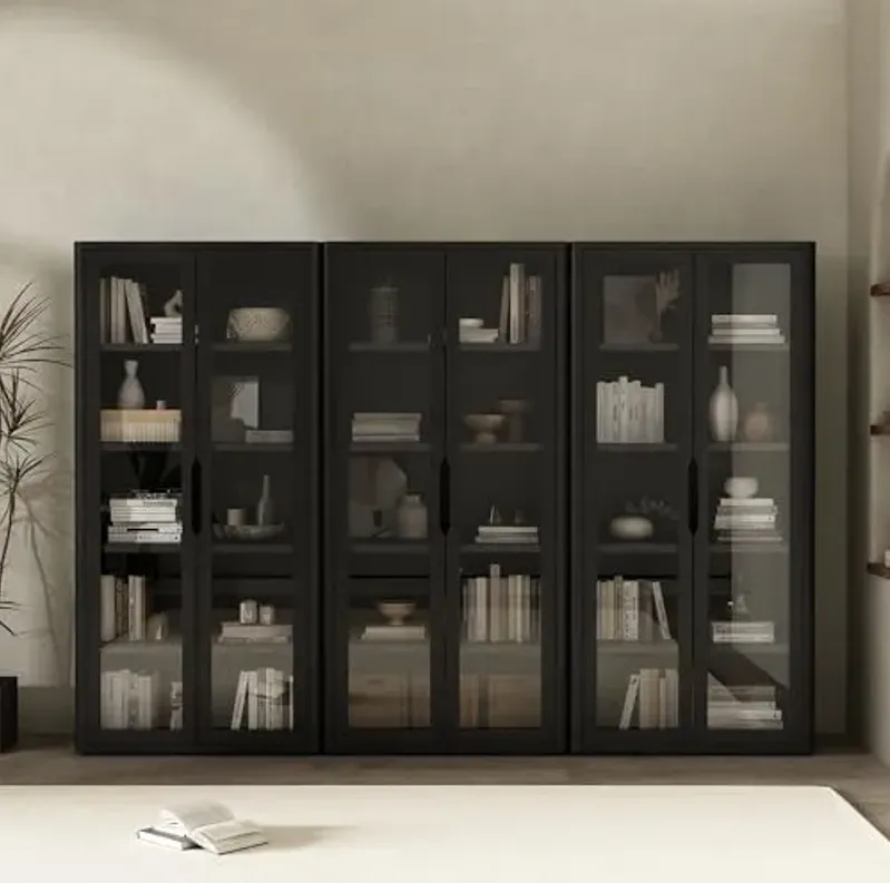 Manhattan Comfort Rivington 5-Shelf Bookcase 79" Tall Modern Bookshelf with Soft Close Glass Doors, Adjustable Shelves, Handle-Free, Storage Cabinet for Living Room, Bedroom, Office, Set of 3, Black