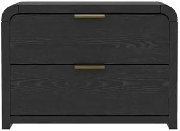 Manhattan Comfort Grace Modern Rounded Nightstand with 2 Drawers and Metal Handles, Minimalist End Table, Scandinavian Accent Table for Bedroom, Office, or Living Room in Black and Gold