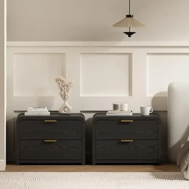 Manhattan Comfort Grace Modern Nightstand with Drawers, Wood Bedside Table with Rounded Corners & Elegant Metal Handles, Versatile & Multifunctional Accent Furniture, Black/Gold Set of 2