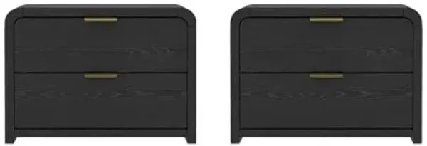 Manhattan Comfort Grace Modern Nightstand with Drawers, Wood Bedside Table with Rounded Corners & Elegant Metal Handles, Versatile & Multifunctional Accent Furniture, Black/Gold Set of 2
