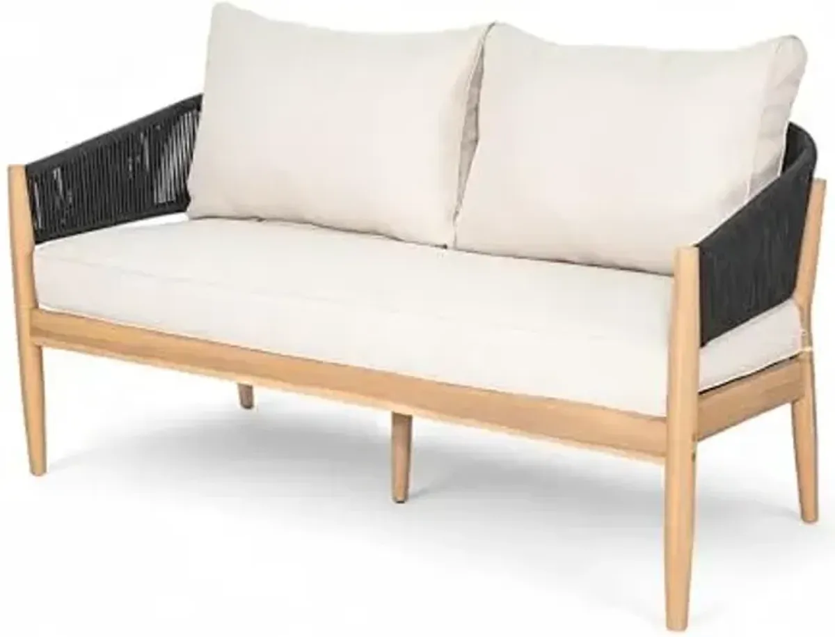 Christopher Knight Home Katarina Patio Acacia Wood Loveseat Furniture, Outdoor Loveseat Sofa with Comfy Fabric Cushions, 2-Seater Sofa with Handwoven Rope Backrest for Garden/Backyard, Black+Beige